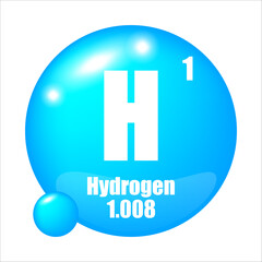 Hydrogen element icon. Atomic symbol H. Number one and mass 1.008. Blue glossy sphere.