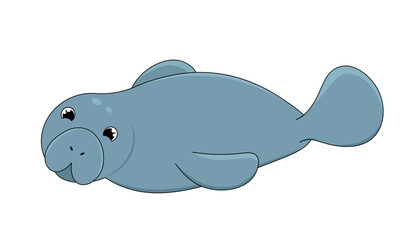 Cute manatee sticker. Marine wild life reserve and fauna. Underwater dweller. Biology and zoology. Sea and ocean. Social media sticker. Flat vector illustration