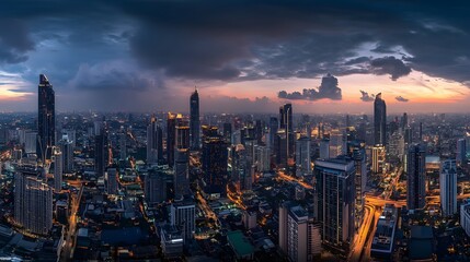 Panorama view of Bangkok business district at night time. 