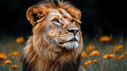 Obraz premium Majestic Lion Portrait with Yellow Flowers in the Background