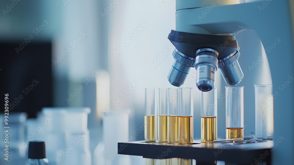 Poster microscope with test tubes and yellow liquid in a laboratory setting