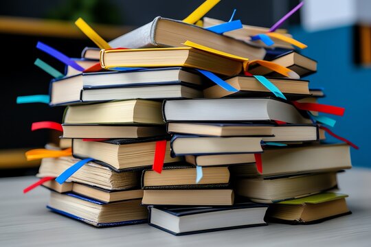A pile of books with bookmarks sticking out, symbolizing unfinished stories and the excitement of reading multiple books at once