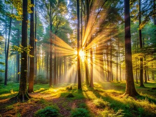 Obraz premium Beautiful rays of light shining through trees in a serene forest creating a peaceful atmosphere