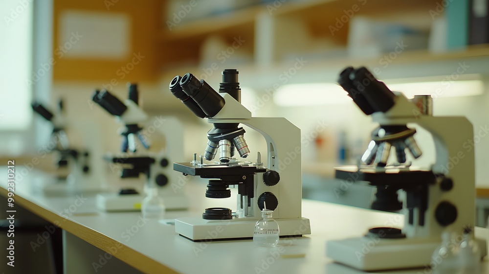 Poster microscopes lined up on a table in a laboratory