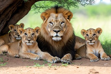 A pride of lions resting under the shade of an acacia tree, with cubs playing nearby in the heat of the midday sun