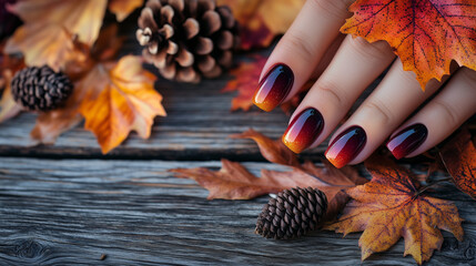 Autumn Gradient Nails with Pine Cones and Leaves. Autumn-themed manicure featuring gradient nails in dark shades, surrounded by pine cones and colorful fallen leaves. Perfect for the fall season, capt