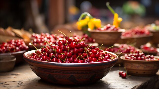 Acerola cherries displayed traditional clay bowl colorful market stall vibrant tropical fabrics blurred street vendors background emphasizing their exotic appeal Scientific name Malpighia emarginata