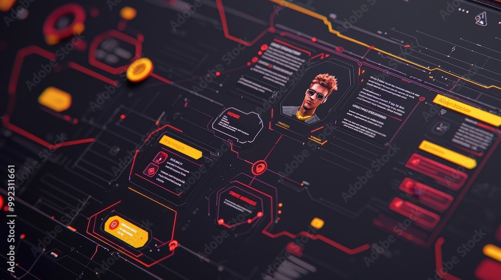 Poster futuristic user interface design with red and yellow glowing lines