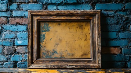Naklejka premium Rustic Wooden Frame: A distressed wood frame, leaning against a brick wall, evoking a cozy and vintage atmosphere.