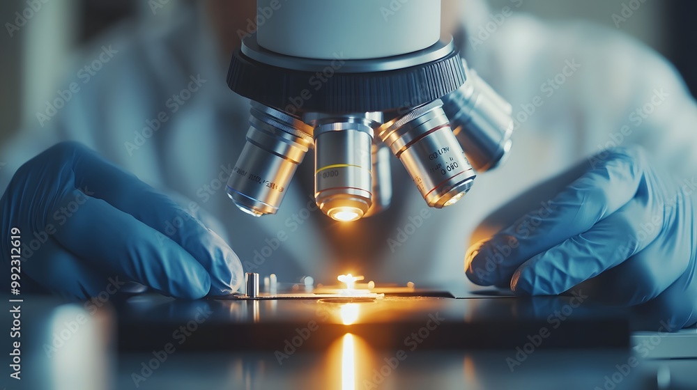 Poster close-up of a microscope lens with gloved hands preparing a slide