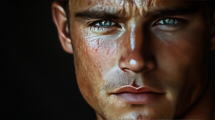 Fototapeta premium Closeup Portrait of a Man with Blue Eyes and Serious Expression