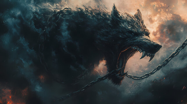 Myth of fenrir the monstrous wolf bound by the gods jaws wide open norse mythology chain of gleipnir twilight of the gods apocalyptic scene. Fenrir. Illustration