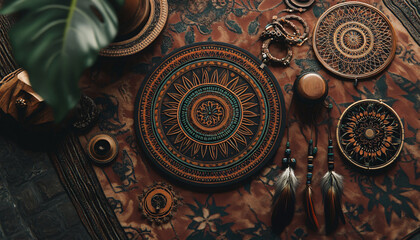 Obraz premium A collection of mandalas, dreamcatchers, and earthy tones, with intricate patterns and a warm, laid-back atmosphere