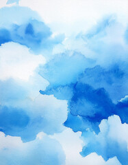 Watercolor illustration art abstract blue color texture background, clouds and sky pattern.