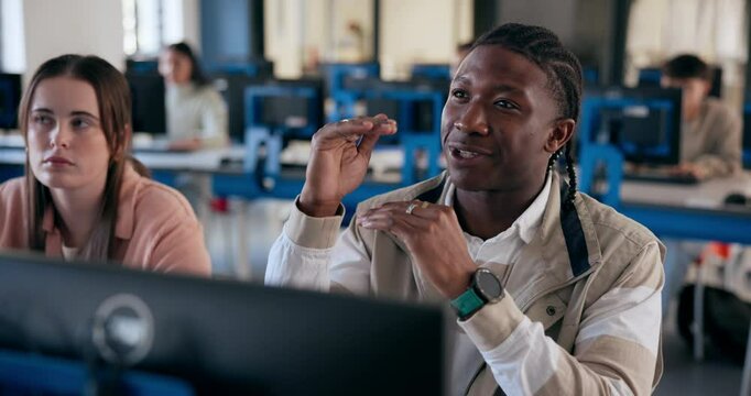 Computer, education and student person talking in classroom for learning, lecture or lesson at university. Explain, college and study with learner or pupil in school class for assessment and report