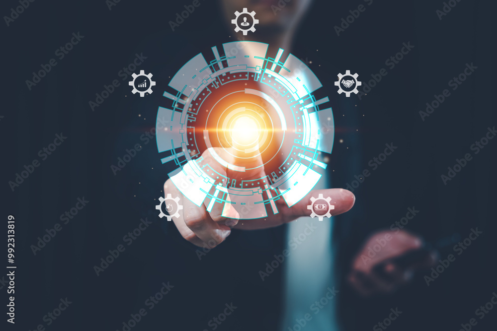 Poster man hand touching technology circuit on virtual screen, business network access concept