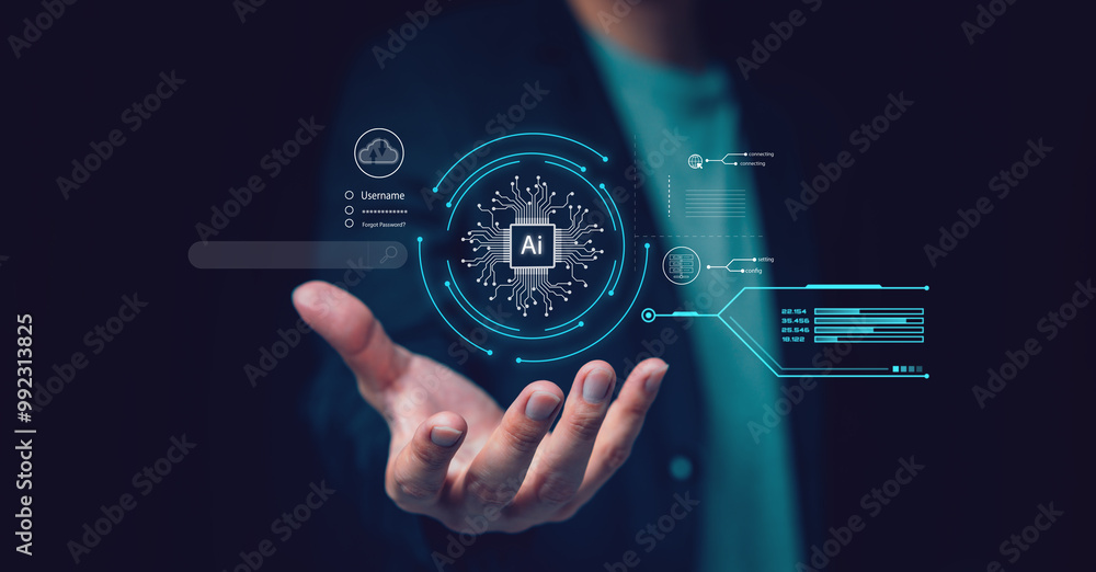 Aufkleber ai technology concept, businessman hold virtual graphic on global internet connection and using arti