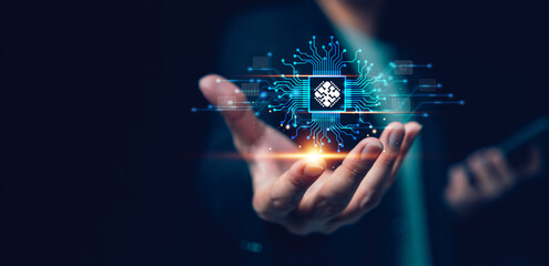 Businessman showing electronic circuit board chip, Concept of world of innovation. AI Artificial intelligence technology