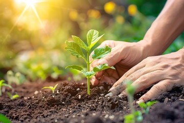 Male hand planting seedlings in fertile soil with sunny yellow background