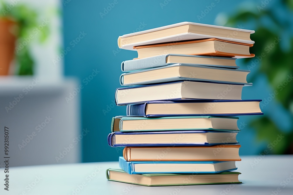 Poster a simple stack of textbooks, with soft natural light illuminating the covers, symbolizing the quiet 