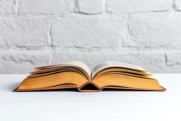 A single open book on a white table, with soft lighting and plenty of negative space, focusing entirely on the simplicity of reading
