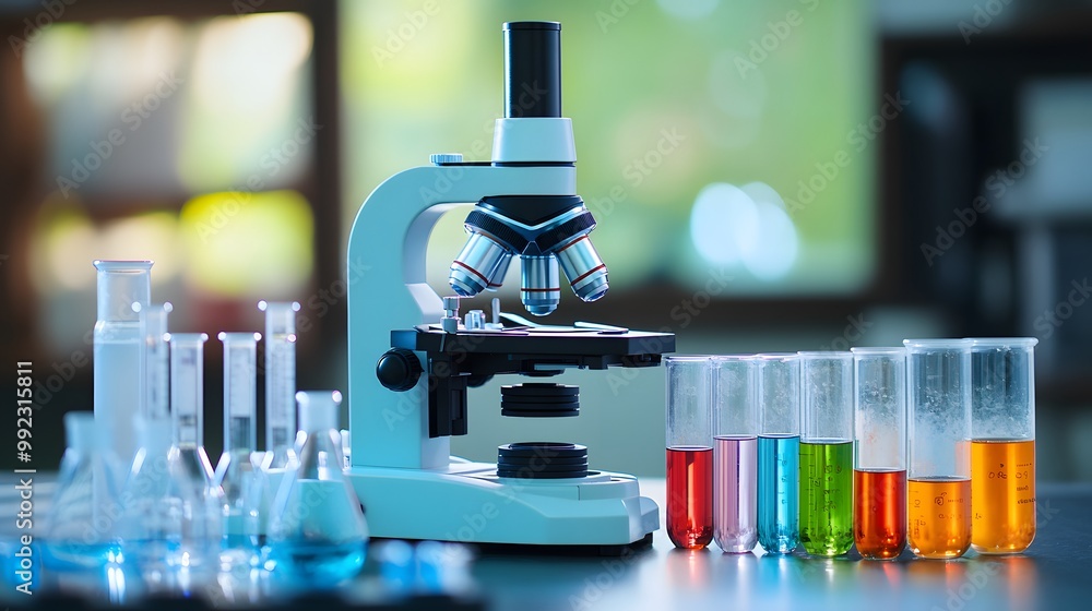 Poster microscope and test tubes filled with colored liquids in a laboratory setting