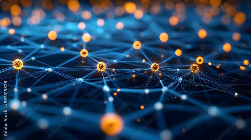 Poster abstract 3d network with glowing orange nodes