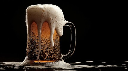 Close-up of a beer mug overflowing with foam cascading down the sides, isolated on a black background, emphasizing the freshness of the brew.