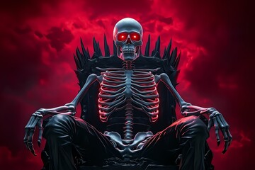 A skeleton king seated on a dark throne under a crimson sky, his glowing red eyes piercing through the shadows, in a skeleton fantasy artwork illustration