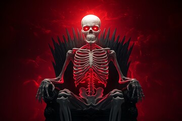 Fototapeta premium A skeleton king seated on a dark throne under a crimson sky, his glowing red eyes piercing through the shadows, in a skeleton fantasy artwork illustration