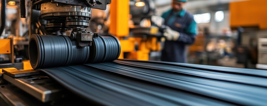 An industrial machine processes rubber sheets on a production line in a factory, with a worker supervising the operation in the background.