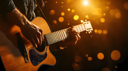 Naklejka premium Acoustic Guitar Performance in Vibrant Stage Lighting