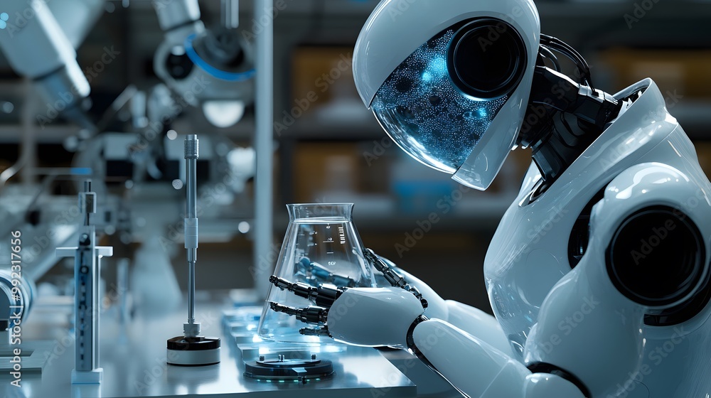 Poster a humanoid robot conducting a scientific experiment in a laboratory setting.