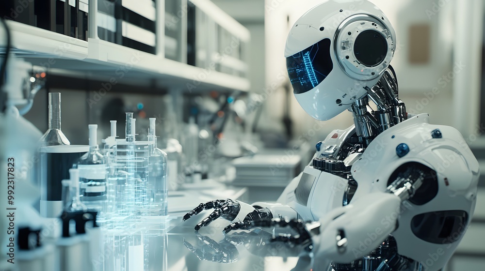 Poster a white robot conducting a scientific experiment in a laboratory