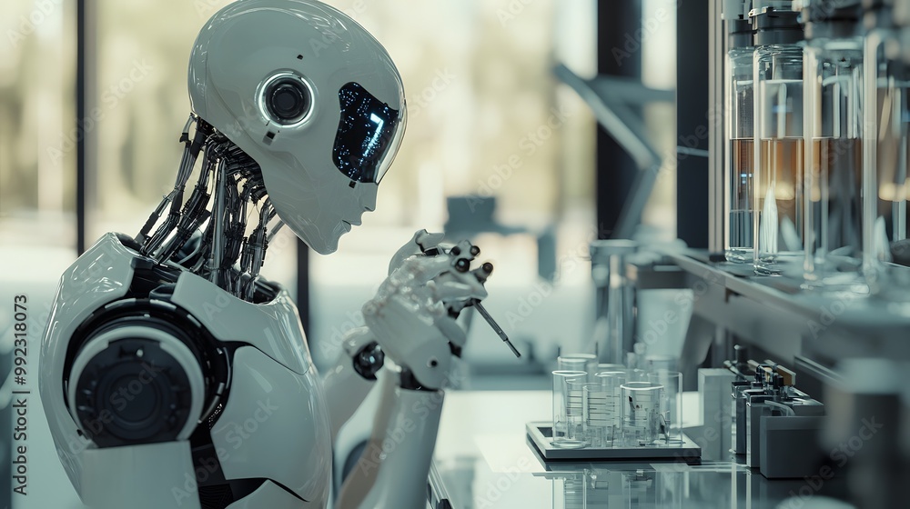 Poster a white robot performing scientific experiments in a lab