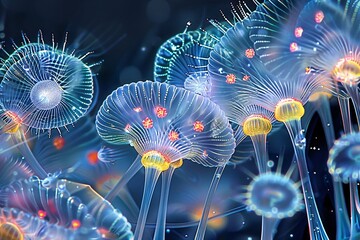 Protozoa seen under a microscope. Water plant leaf cells with chloroplasts, chlorophyll or chloroplast. Chlamydocapsa sp. Live cell. Biology science and microbiology research concept