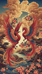 Obraz premium 浮世絵、日本画／鳳凰 Phoenix フェニックス 
