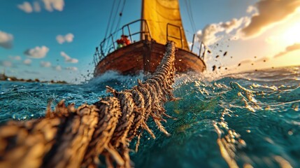 Obraz premium Closeup of a Rope on a Sailing Boat in Turquoise Water