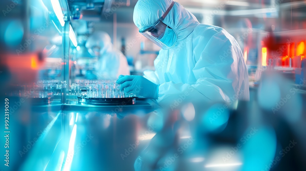 Poster scientist in a clean suit handling test tubes in a lab