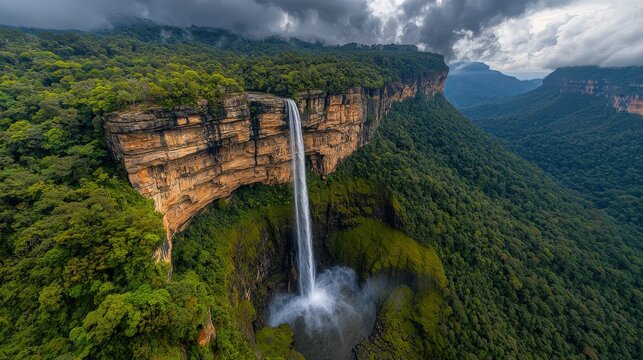 Majestic Waterfall Cascading Over Cliff in Lush Green Forest