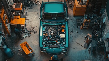 Overhead shot of a car being repaired, with a mechanic working on the engine and tools scattered across the garage floor.
