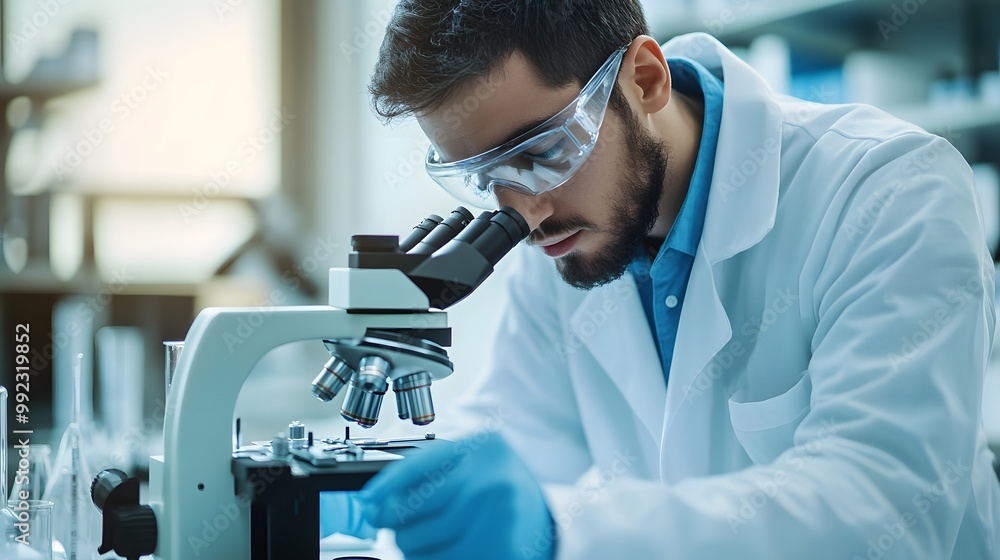 Poster scientist in a lab coat examining a sample through a microscope