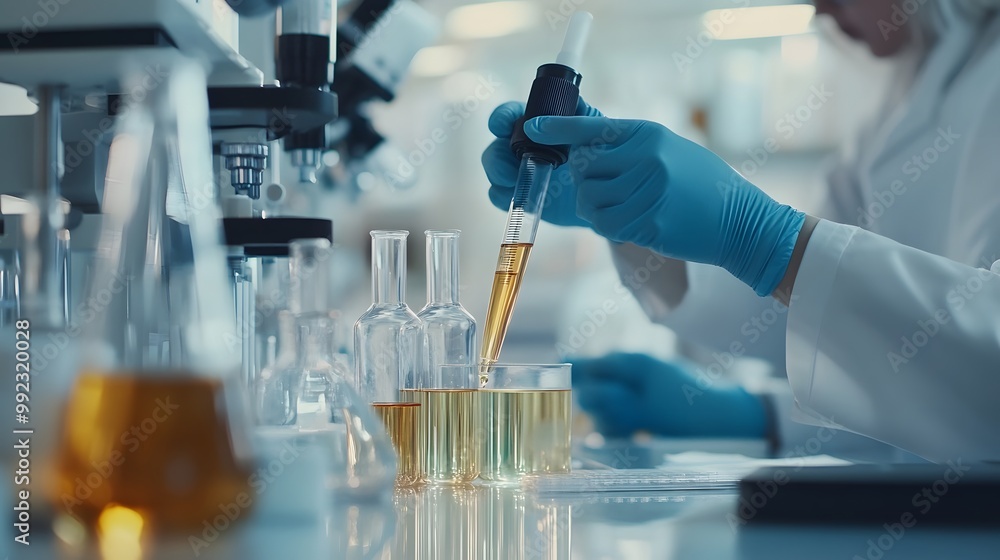 Poster a scientist in a lab coat uses a pipette to transfer liquid into a beaker.