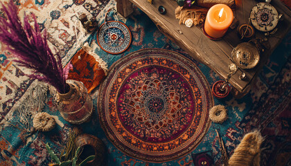 A collection of mandalas, dreamcatchers, and earthy tones, with intricate patterns and a warm, laid-back atmosphere