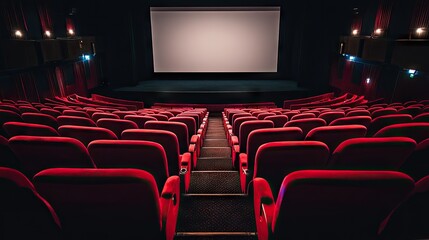 Fototapeta premium Rows of red seats in an empty cinema hall, the large blank screen dominating the room, with soft lighting casting subtle shadows.