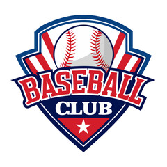 Baseball Club Emblem: A bold and iconic emblem for a baseball club, featuring a classic baseball, red and blue stripes, and a star, symbolizing the passion and spirit of the game.  