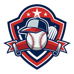 Baseball Emblem: A classic baseball emblem with a shield, stars, a baseball, a bat, a cap, and a red ribbon. Perfect for representing a baseball team or league.  