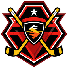 Fiery Hockey Emblem: A bold and striking hockey team logo featuring a shield with a stylized "S" and two crossed hockey sticks, set against a vibrant red and black background.