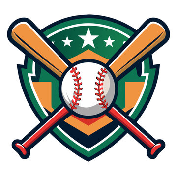 Baseball Emblem: A classic shield emblem with crossed baseball bats and a baseball in the center. Perfect for a sports team logo or mascot.  