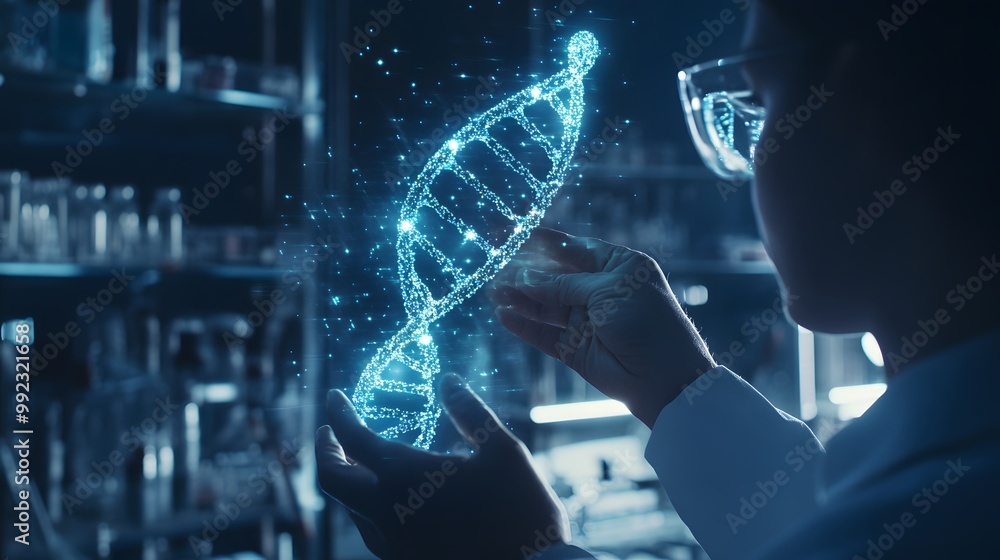 Poster scientist holding a holographic dna structure in a laboratory setting